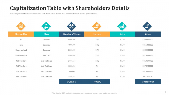 Capitalization Table With Shareholders Details Portrait PDF