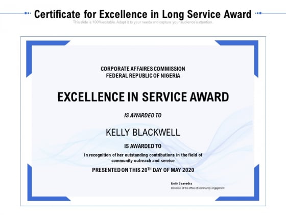Certificate For Excellence In Long Service Award Ppt PowerPoint Presentation File Background Images PDF