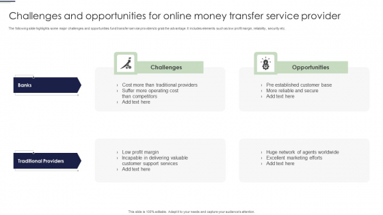 Challenges And Opportunities For Online Money Transfer Service Provider Ppt Professional Files PDF