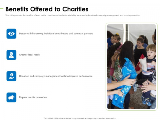 Charity Pitch Deck Benefits Offered To Charities Introduction PDF