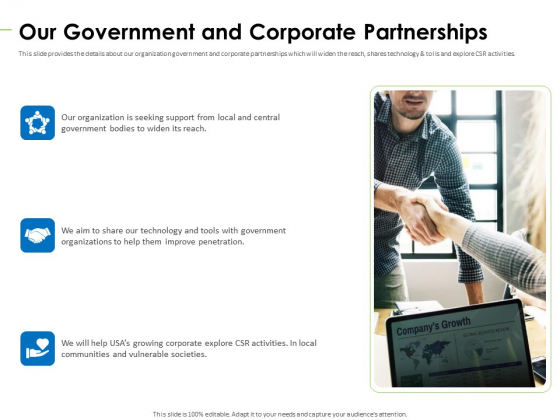 Charity Pitch Deck Our Government And Corporate Partnerships Graphics PDF Charity Pitch Deck Our Government And Corporate Partnerships Graphics PDF