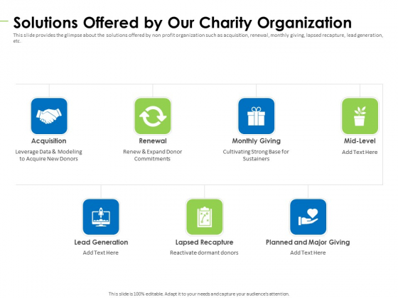 Charity Pitch Deck Solutions Offered By Our Charity Organization Introduction PDF