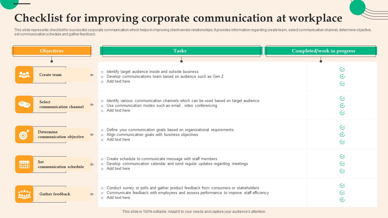 Checklist For Improving Corporate Communication At Workplace Elements ...