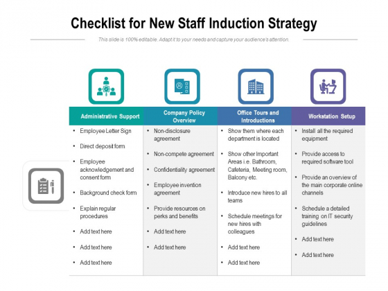 Checklist For New Staff Induction Strategy Ppt PowerPoint Presentation File Slide Download PDF