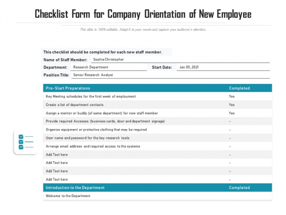 Checklist Form For Company Orientation Of New Employee Ppt PowerPoint Presentation File Styles PDF