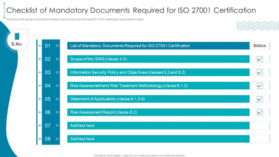 Checklist Of Mandatory Documents Required For ISO 27001 Certification Topics PDF