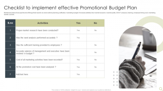 Checklist To Implement Effective Promotional Budget Plan Demonstration