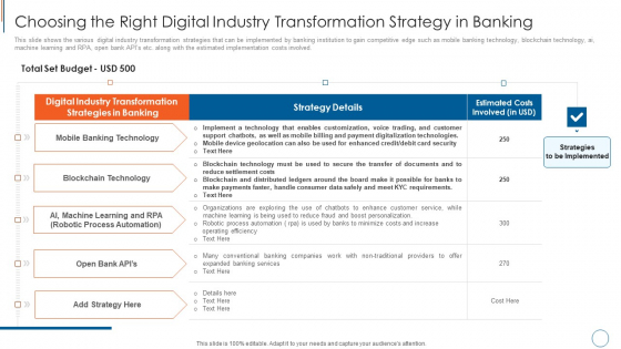 Choosing The Right Digital Industry Transformation Strategy In Banking Diagrams PDF Choosing The Right Digital Industry Transformation Strategy In Banking Diagrams PDF