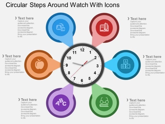 Circular Steps Around Watch With Icons Powerpoint Template