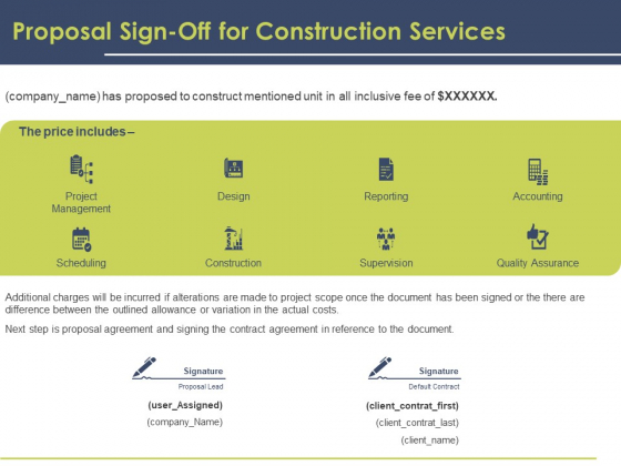 Civil Building Construction Proposal Proposal Sign Off For Construction Services Summary PDF