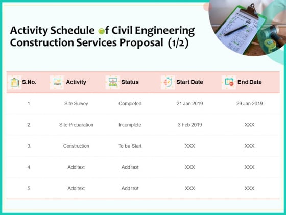 Civil Engineering Consulting Services Activity Schedule Of Civil Engineering Construction Services Proposal Date Template PDF Civil Engineering Consulting Services Activity Schedule Of Civil Engineering Construction Services Proposal Date Template PDF