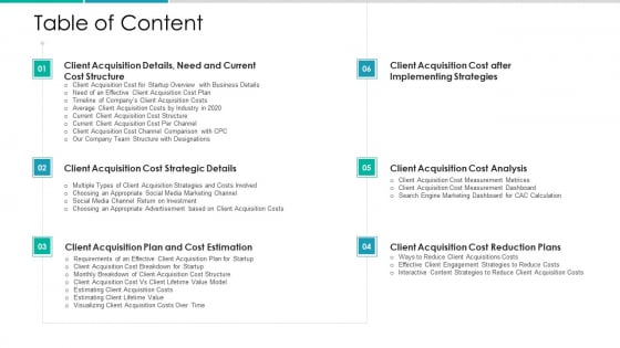 Client Acquisition Cost For Customer Retention Table Of Content Download PDF