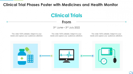 Clinical Trial Phases Poster With Medicines And Health Monitor Diagrams PDF