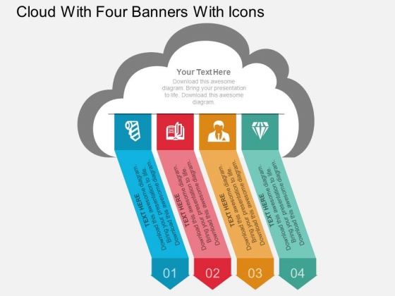 Cloud With Four Banners With Icons Powerpoint Template Cloud With Four Banners With Icons Powerpoint Template