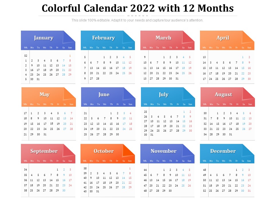 Colorful Calendar 2022 With 12 Months Ppt PowerPoint Presentation Gallery Topics PDF