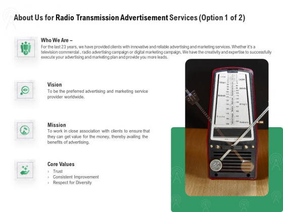 Commercial Broadcasting About Us For Radio Transmission Advertisement Services Mission Themes PDF
