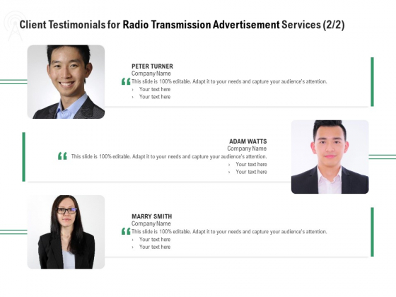 Commercial Broadcasting Client Testimonials For Radio Transmission Advertisement Services Audience Icons PDF Commercial Broadcasting Client Testimonials For Radio Transmission Advertisement Services Audience Icons PDF