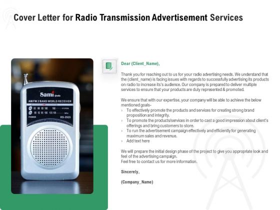 Commercial Broadcasting Cover Letter For Radio Transmission Advertisement Services Designs PDF Commercial Broadcasting Cover Letter For Radio Transmission Advertisement Services Designs PDF
