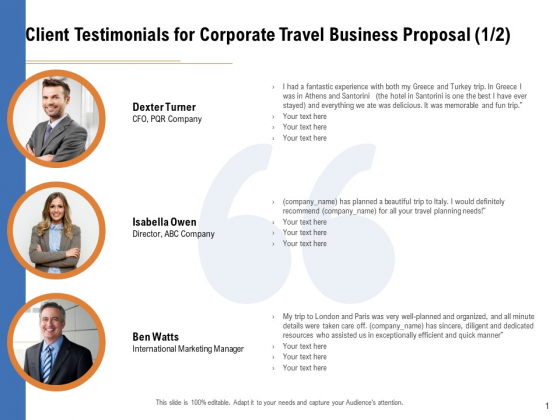 Commercial Travel And Leisure Commerce Client Testimonials For Corporate Travel Business Proposal Marketing Background PDF