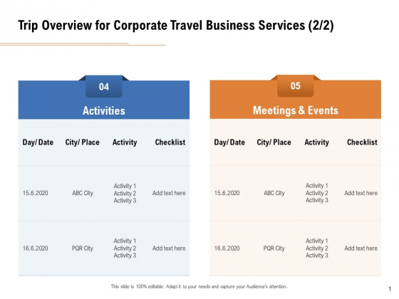 Commercial Travel And Leisure Commerce Trip Overview For Corporate Travel Business Services Activities Elements PDF