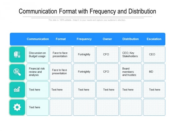 Communication Format With Frequency And Distribution Ppt PowerPoint Presentation Inspiration Background PDF Communication Format With Frequency And Distribution Ppt PowerPoint Presentation Inspiration Background PDF