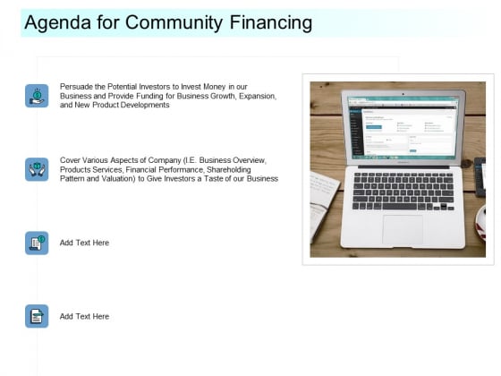 Community Capitalization Pitch Deck Agenda For Community Financing Introduction PDF Community Capitalization Pitch Deck Agenda For Community Financing Introduction PDF