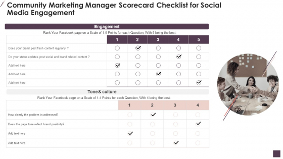 Community Marketing Manager Scorecard Checklist For Social Media Engagement Brochure PDF