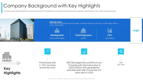 Company Background With Key Highlights Ppt Gallery Topics PDF Company Background With Key Highlights Ppt Gallery Topics PDF