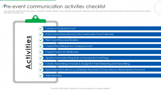 Company Event Communication Pre Event Communication Activities Checklist Sample PDF