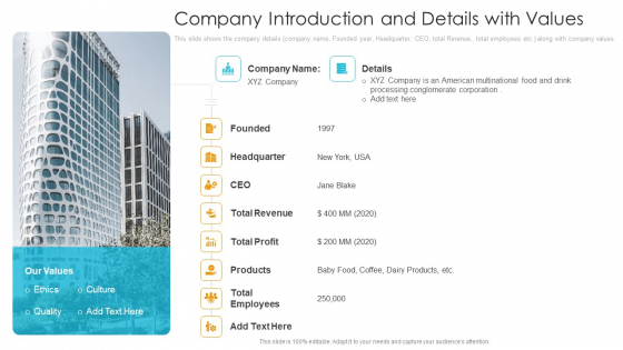 Company Introduction And Details With Values Introduction PDF