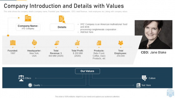 Company Introduction And Details With Values Ppt Infographics Images PDF