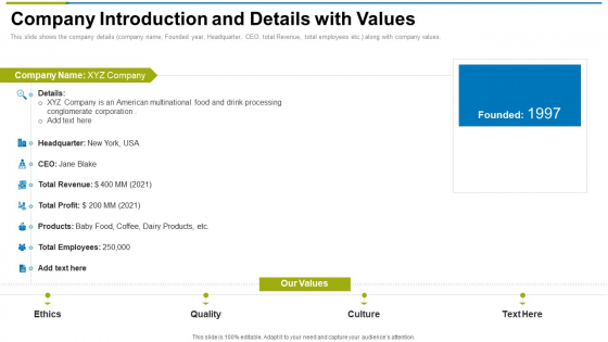 Company Introduction And Details With Values Ppt Summary Template PDF Company Introduction And Details With Values Ppt Summary Template PDF