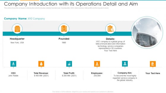 Company Introduction With Its Operations Detail And Aim Ppt Layouts Shapes PDF