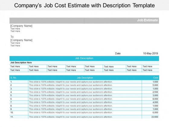 Companys Job Cost Estimate With Description Template Ppt PowerPoint Presentation Portfolio Template Companys Job Cost Estimate With Description Template Ppt PowerPoint Presentation Portfolio Template