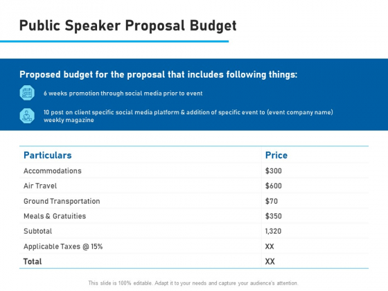Conference Session Public Speaker Proposal Budget Ppt File Inspiration PDF