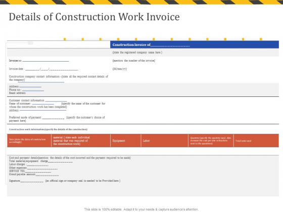 Construction Business Company Profile Details Of Construction Work Invoice Infographics PDF