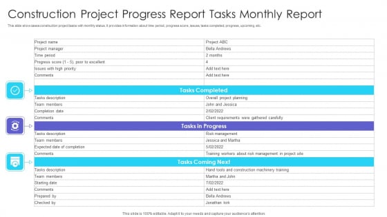 Construction Project Progress Report Tasks Monthly Report Ppt Show Shapes PDF