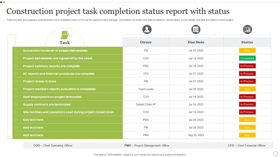 Construction Project Task Completion Status Report With Status Download PDF