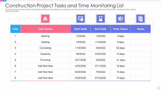 Construction Project Tasks And Time Monitoring List Topics PDF