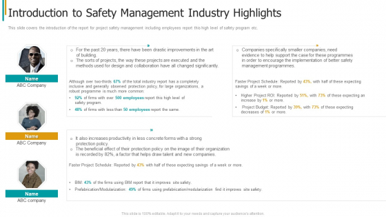 Construction Sector Project Risk Management Introduction To Safety Management Industry Highlights Icons PDF