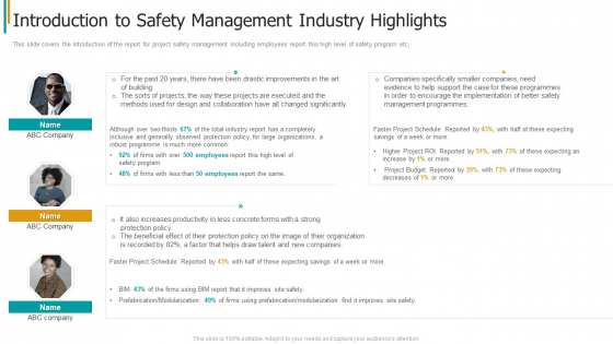 Construction Sector Project Risk Management Introduction To Safety Management Industry Highlights Icons PDF Construction Sector Project Risk Management Introduction To Safety Management Industry Highlights Icons PDF