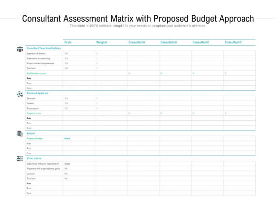 Consultant Assessment Matrix With Proposed Budget Approach Ppt PowerPoint Presentation File Example
