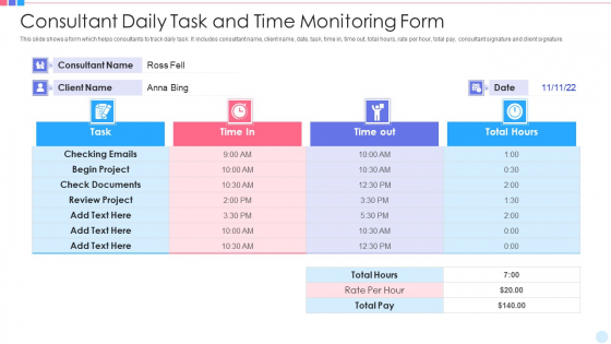 Consultant Daily Task And Time Monitoring Form Formats PDF