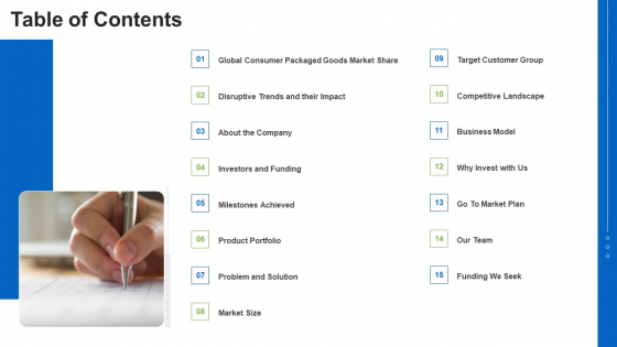 Consumer Packaged Goods Table Of Contents Ppt Icon Objects PDF