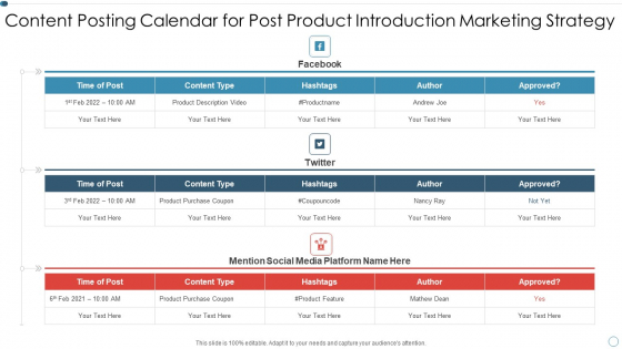 Content Posting Calendar For Post Product Introduction Marketing Strategy Structure PDF