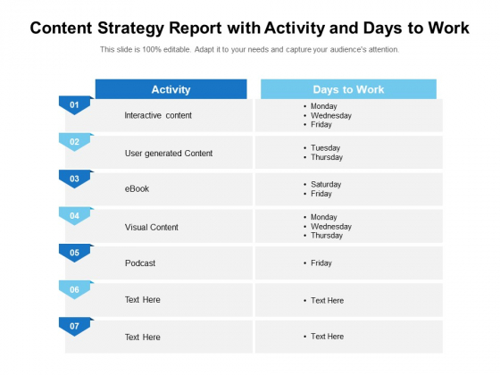 Content Strategy Report With Activity And Days To Work Ppt PowerPoint Presentation File Files PDF Content Strategy Report With Activity And Days To Work Ppt PowerPoint Presentation File Files PDF