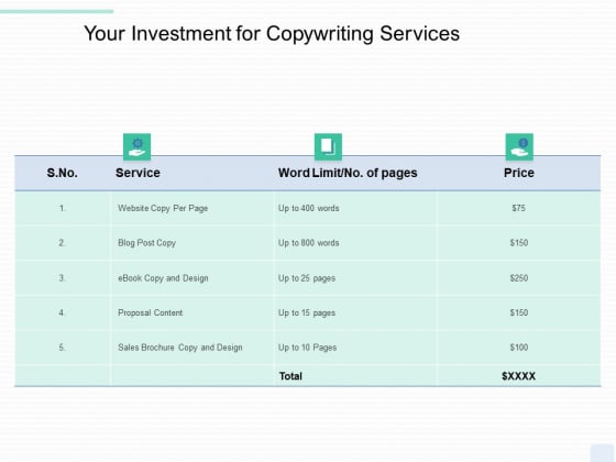 Copywriting Service Your Investment Ppt Icon Skills PDF Copywriting Service Your Investment Ppt Icon Skills PDF