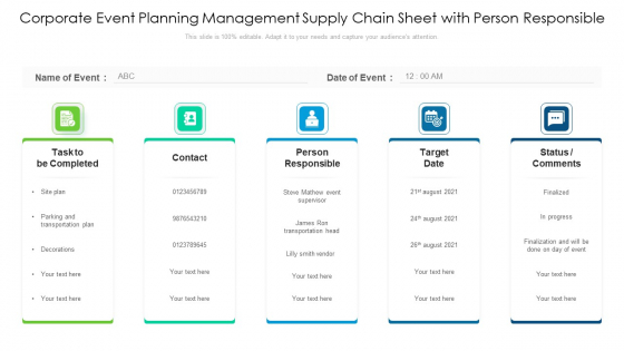 Corporate Event Planning Management Supply Chain Sheet With Person Responsible Ppt PowerPoint Presentation Gallery Graphics Tutorials PDF Corporate Event Planning Management Supply Chain Sheet With Person Responsible Ppt PowerPoint Presentation Gallery Graphics Tutorials PDF