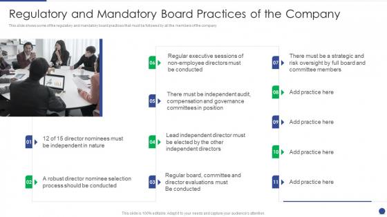 Corporate Governance Protocols And Business Structure Regulatory And Mandatory Board Practices Portrait PDF