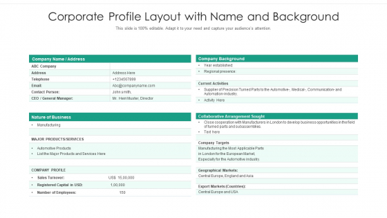 Corporate Profile Layout With Name And Background Ppt Ideas Summary PDF Corporate Profile Layout With Name And Background Ppt Ideas Summary PDF